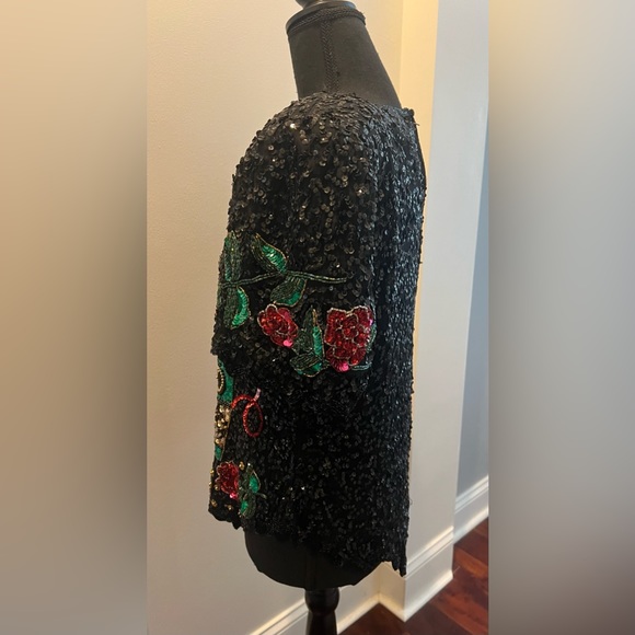 Vintage Laurence Kazar Sequined Silk Top New Year Champagne Roses Blouse EUC - Picture 9 of 10